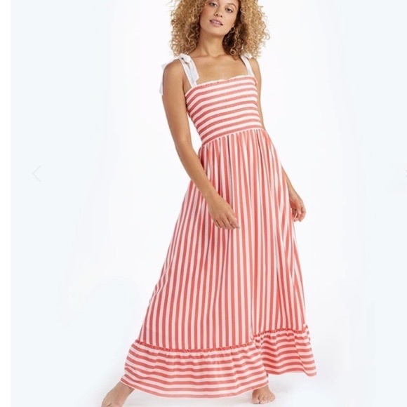 SUMMERSALT The Smocked Maxi Dress Nautical Stripe Nantucket Red ~ Large - Picture 1 of 12
